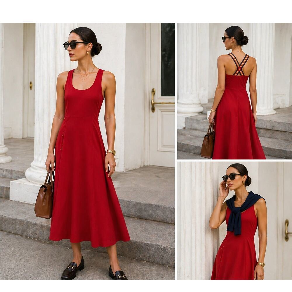 F. Faconnable Red Midi Dress Size 6 Striped Strap Button Back Flowy
